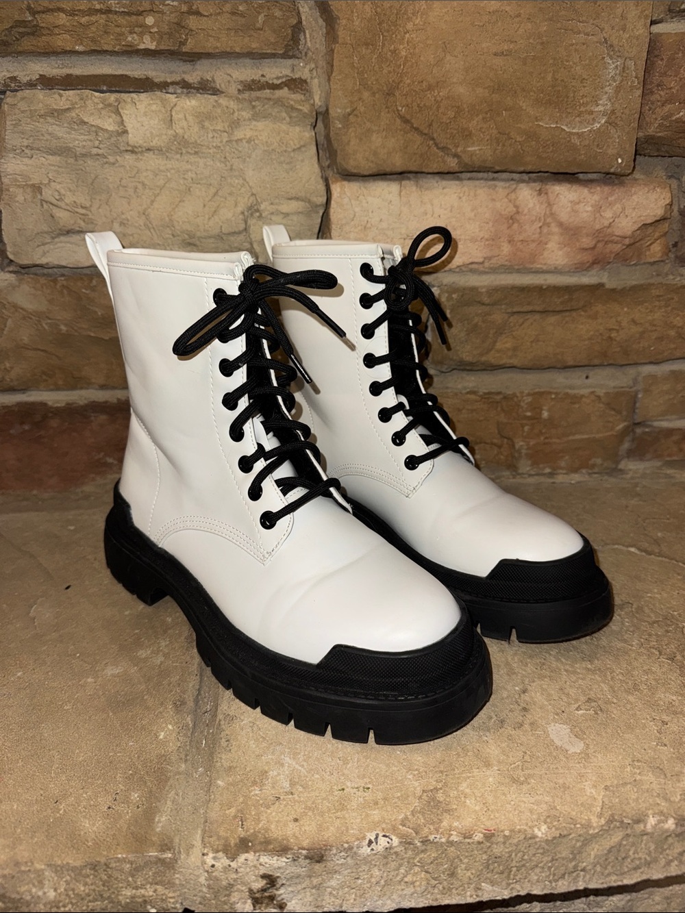 H&M White Combat Boots with Black Sole and Laces